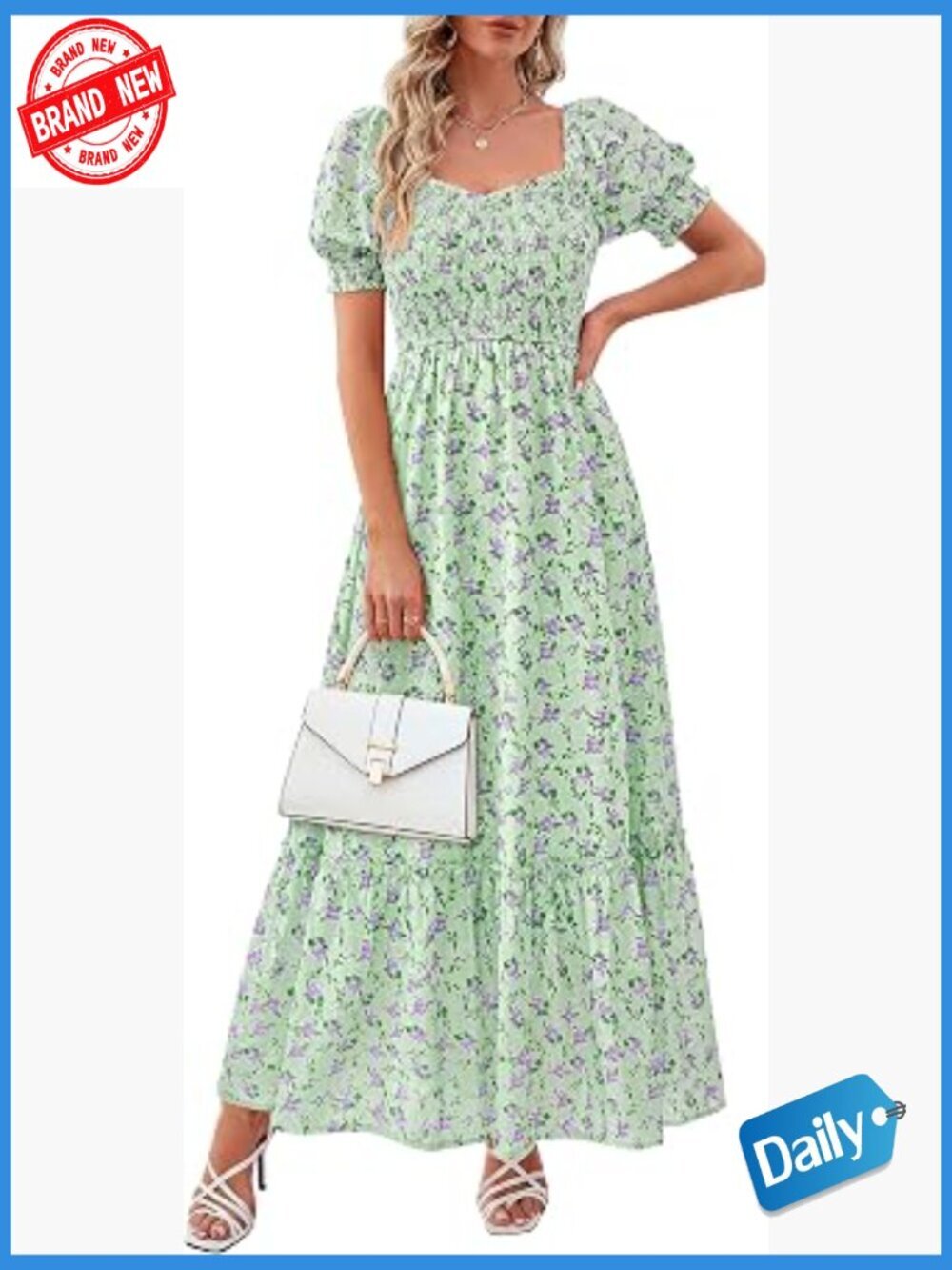 Boho Maxi Dress Flowy Short Sleeve Smocked Eyelet A-Line Beach Vacation